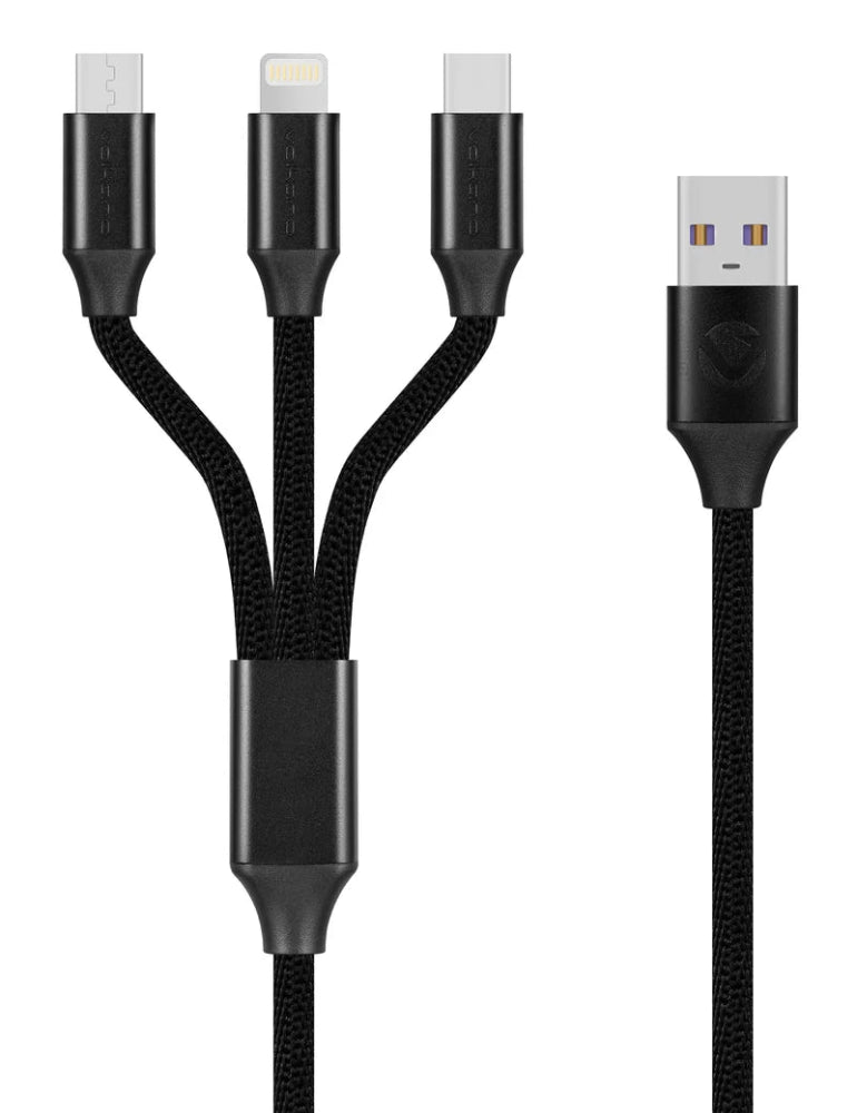 Volkano Weave Series 60W 3-in-1 USB A To Type-C, Lightning and Micro Charging Cable - 1M