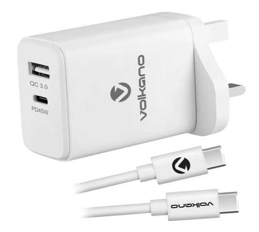 Volkano 45W GaN PD & QC Dual USB Port Wall Charger With Cable